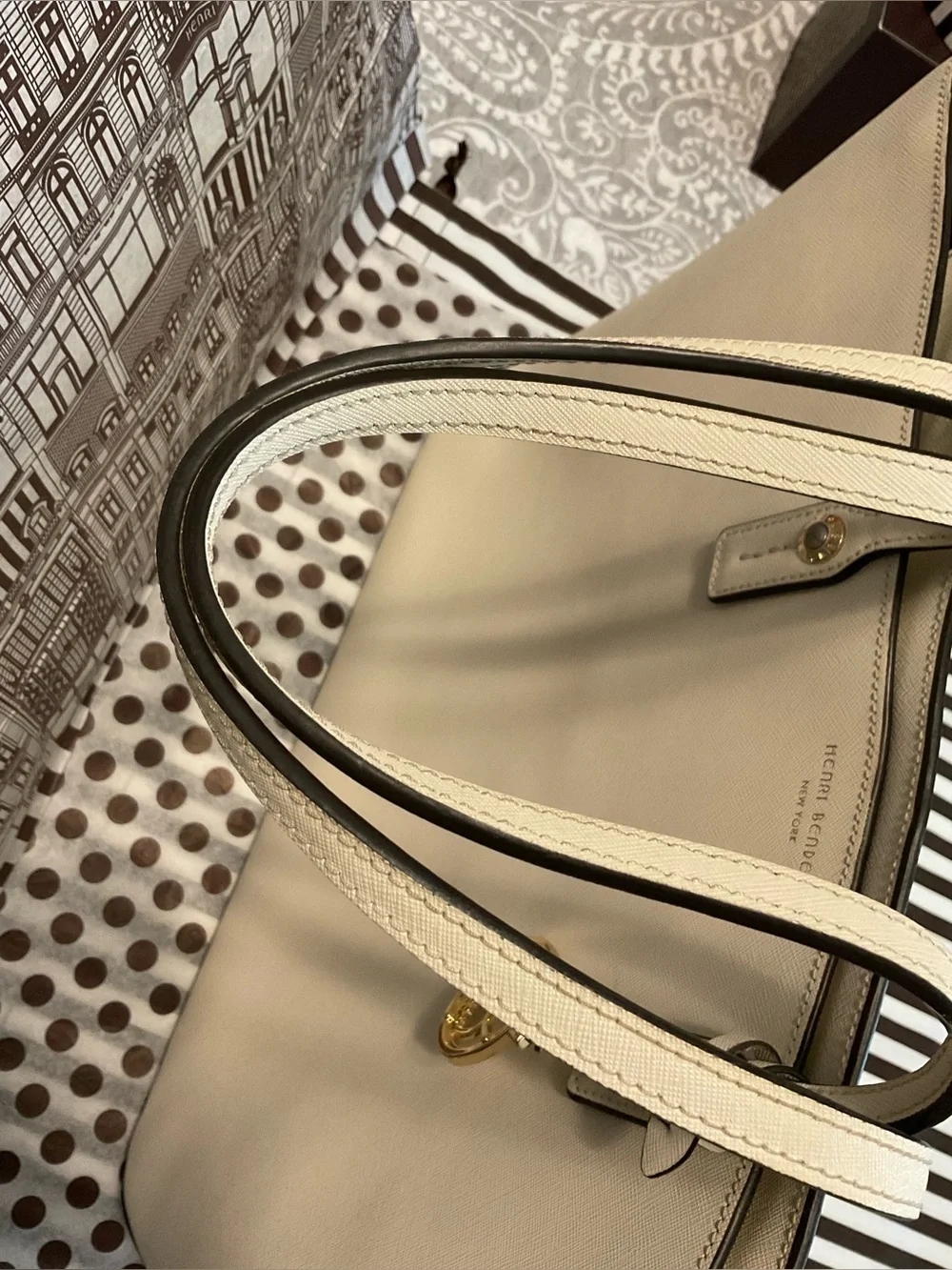 Cream Henri Bendel Zippered Tote with Gold-tone Hardware
